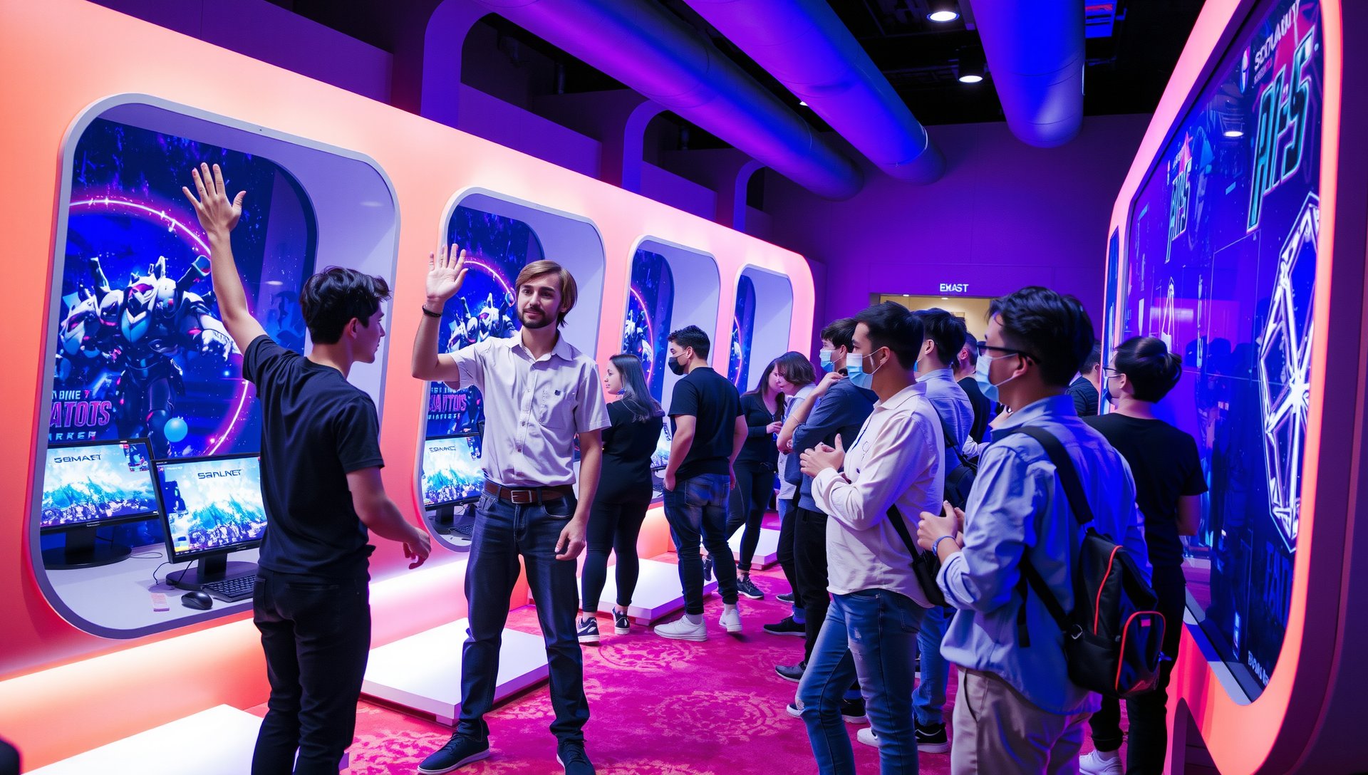 Vibrant futuristic gaming community scene with diverse players engaging around holographic PC game displays